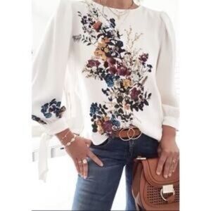 ZARA Floral Blouse with Sleeve Ties and Back Slits Size Small